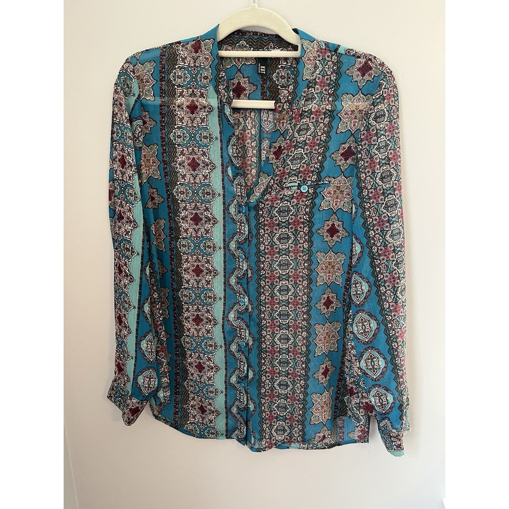 Kut From The Kloth Womens Multicolor V-Neck Floral Sheer  Button Up Shirt Size S